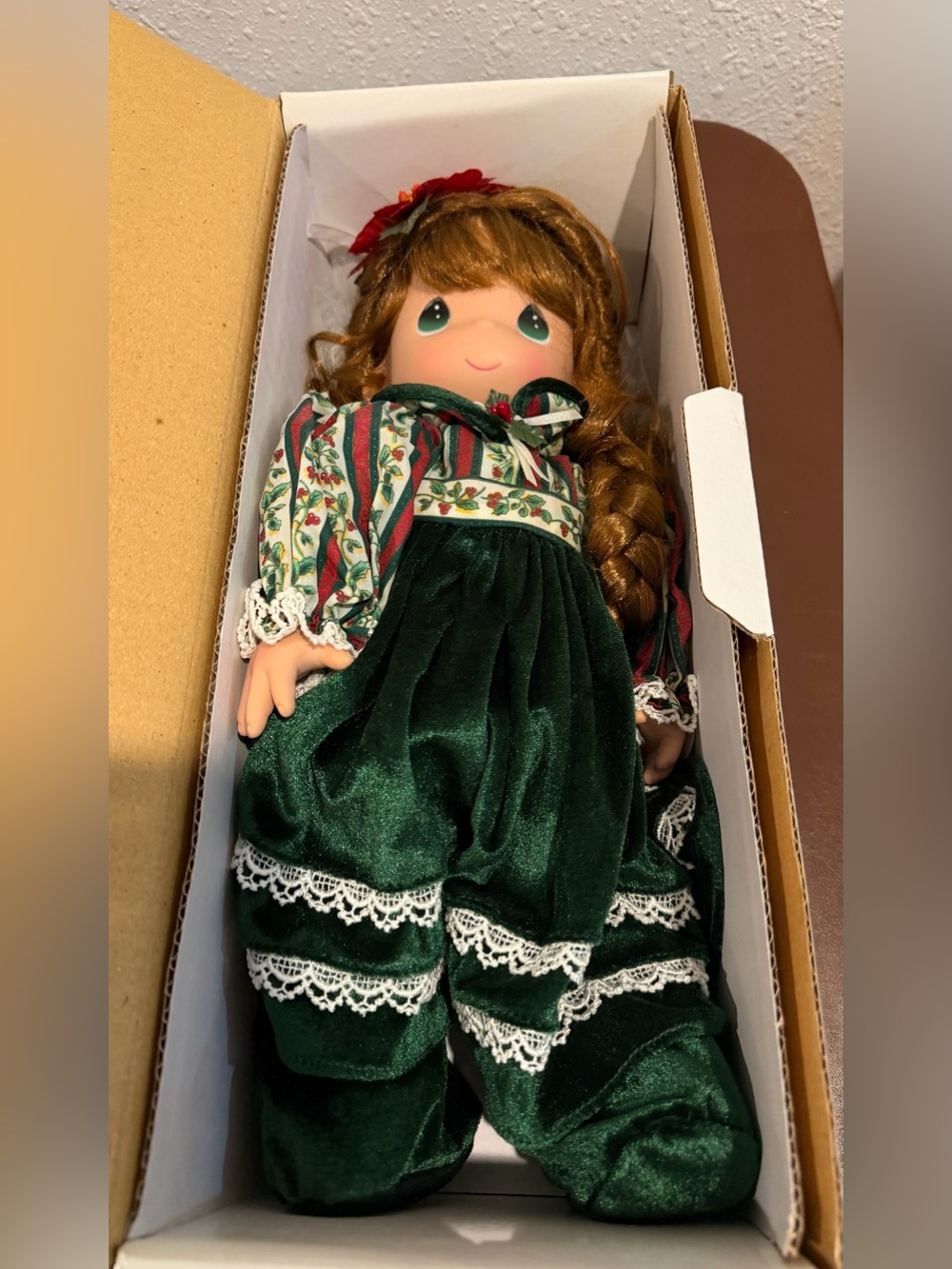 Precious Moments Doll in Dark Green Velvet Dress with Red Hair Bow